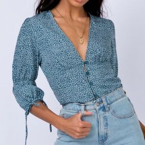 Princess Polly Sz 0 Teal Printed Mersea Puff Sleeve V-Neck Blouse